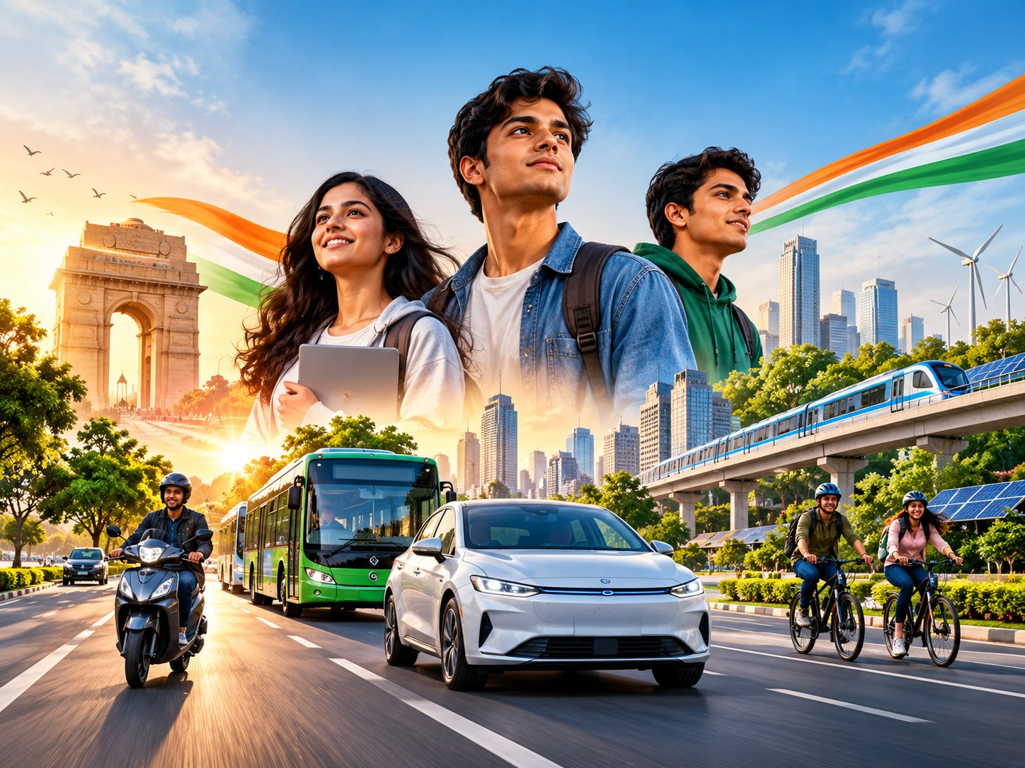 Young Indians with electric car, e-bus, metro and cyclists on a green city road near India Gate