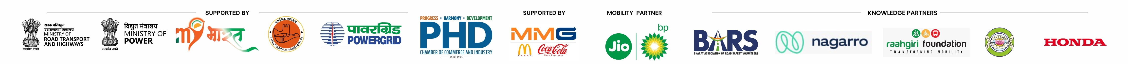 Supported by Ministry of Road Transport and Highways, Ministry of Power, MY Bharat, Chandigarh Administration, POWERGRID, PHD Chamber of Commerce and Industry, MMG, McDonald's and Coca-Cola; Mobility partner Jio-bp; Knowledge partners BARS, Nagarro, Raahgiri Foundation and Honda
